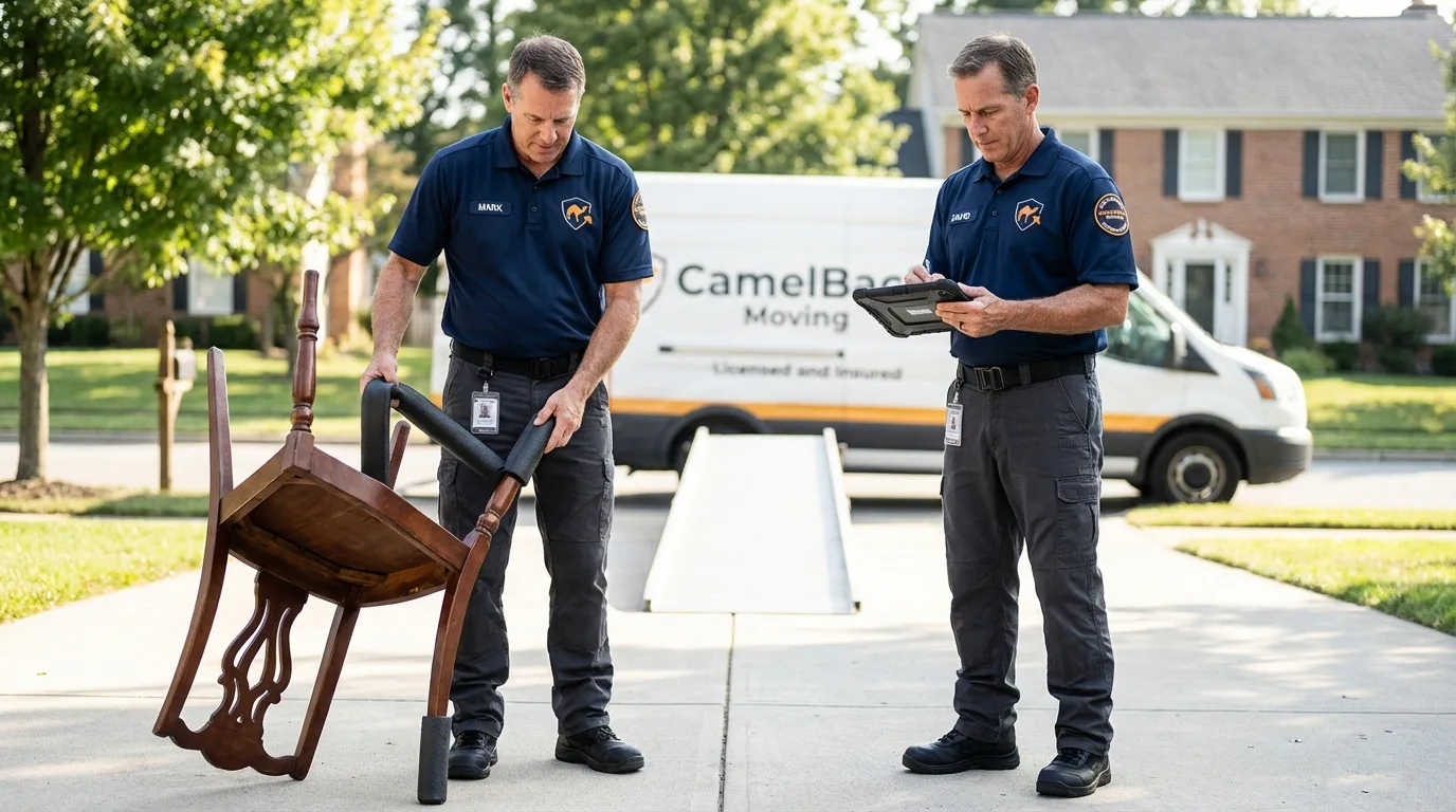 Movers inspecting furniture for damage prevention before loading in Tyngsboro, MA