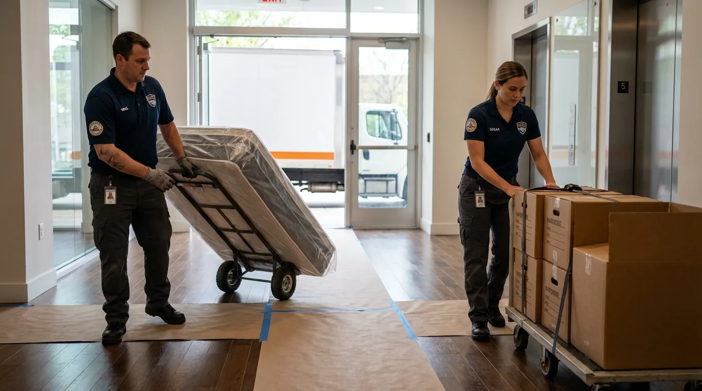 Professional apartment movers loading elevator in Tyngsboro, MA