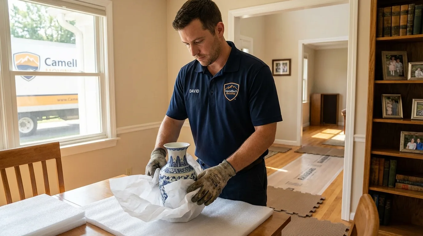 Professional crew carefully wrapping antique vase for senior downsizing move in Tyngsboro, MA
