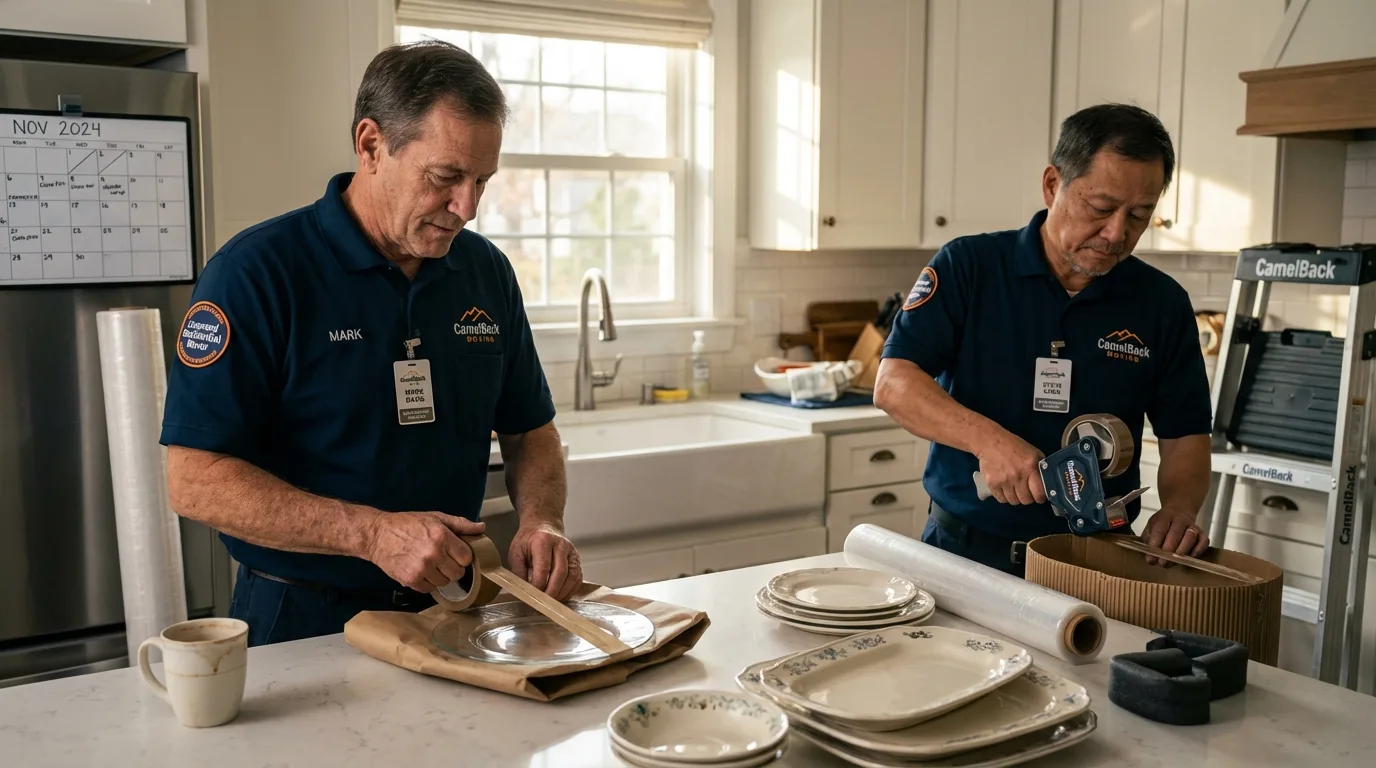 Professional crew packing kitchen dishware in Tyngsboro, MA